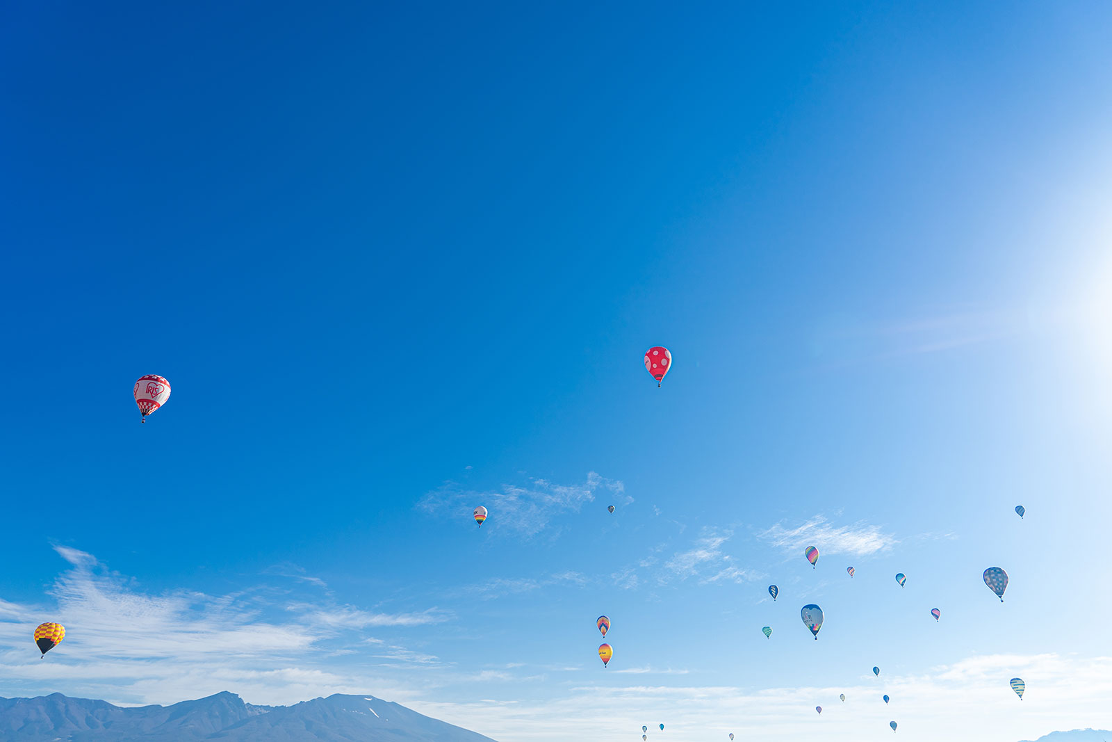 佐久バルーンフェスティバルの風景。熱気球が空高く飛んでいる